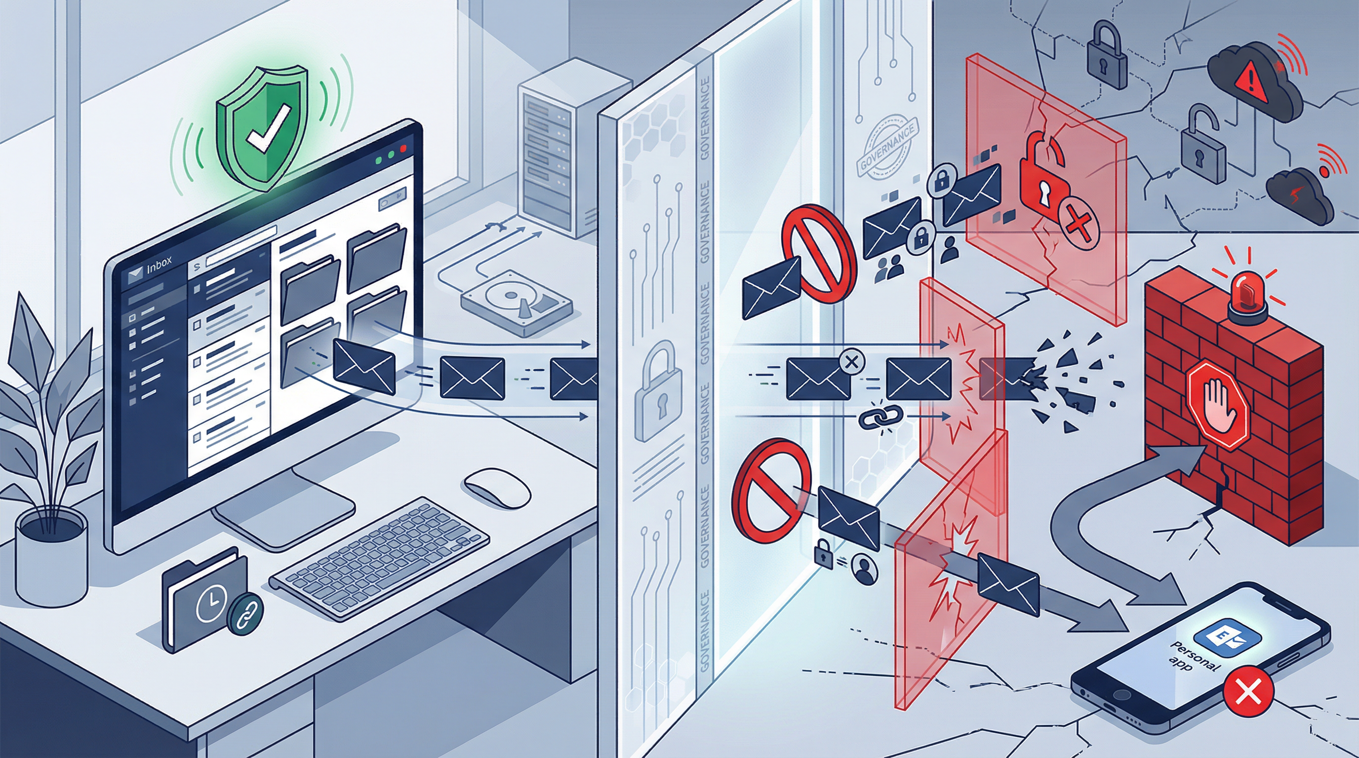 Enterprise email governance boundary illustration: corporate authorized zone vs prohibited personal account behaviors