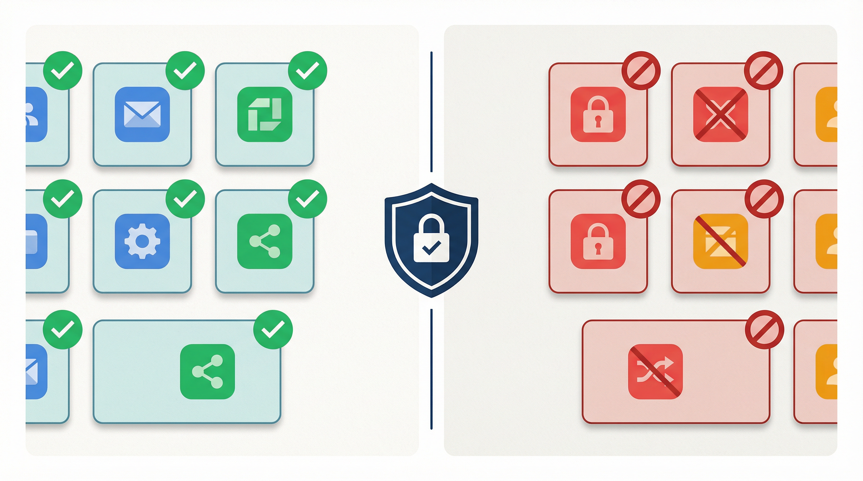 Enterprise IT approval gate illustration showing approved email integrations on the left and prohibited tools blocked on the right