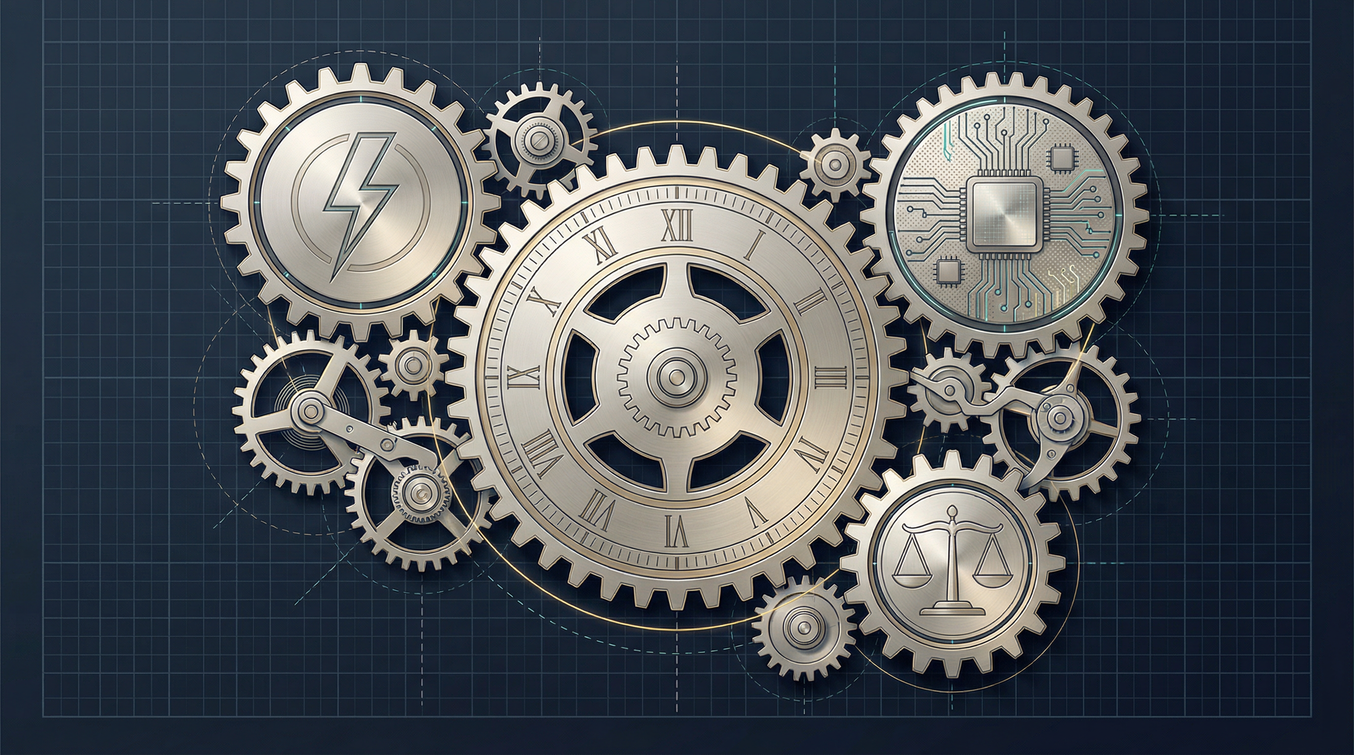 Precision clockwork gears illustrating an enterprise policy continuous review cycle with annual and trigger-based cadences