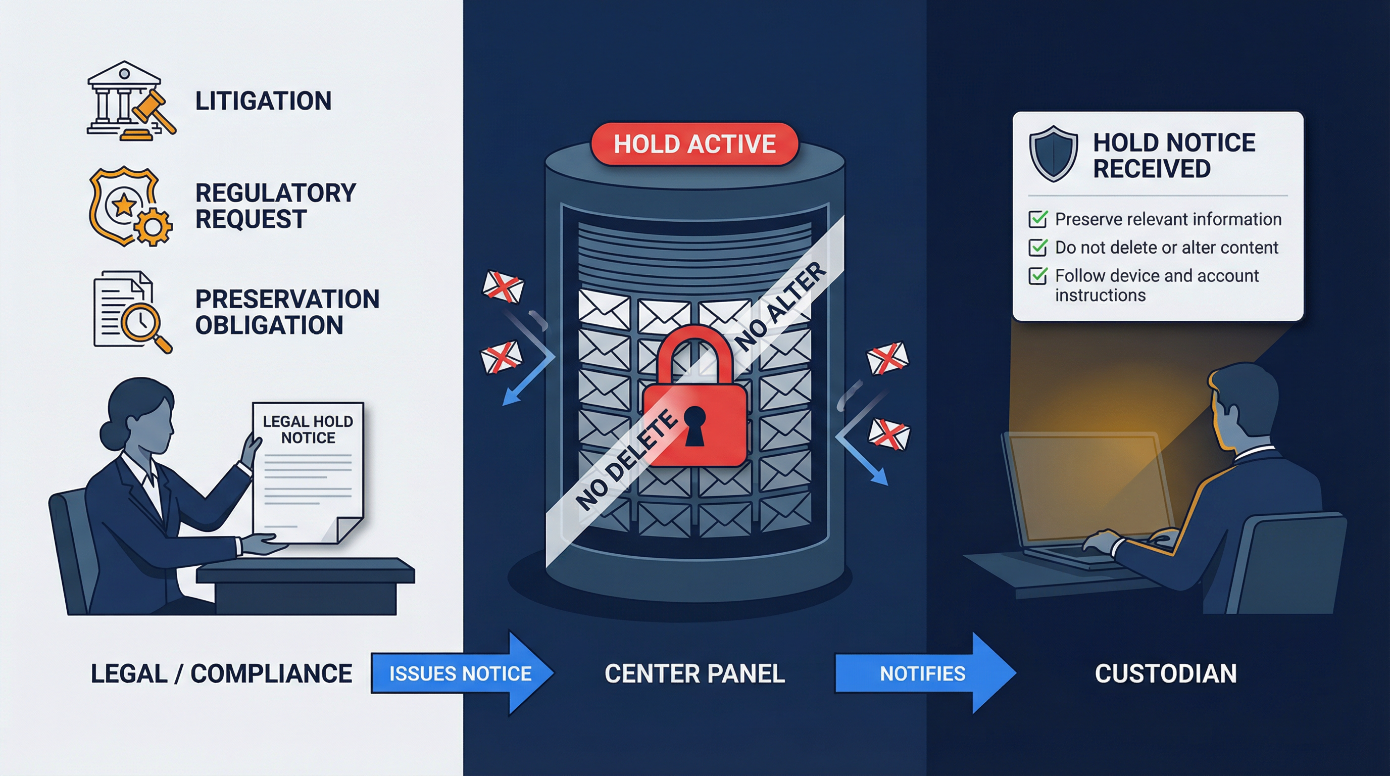 Enterprise legal hold process: compliance team issues hold notice, email archive locked, custodian receives preservation obligations