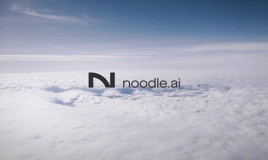 Noodle.ai logo overlaid over an image of sky and clouds