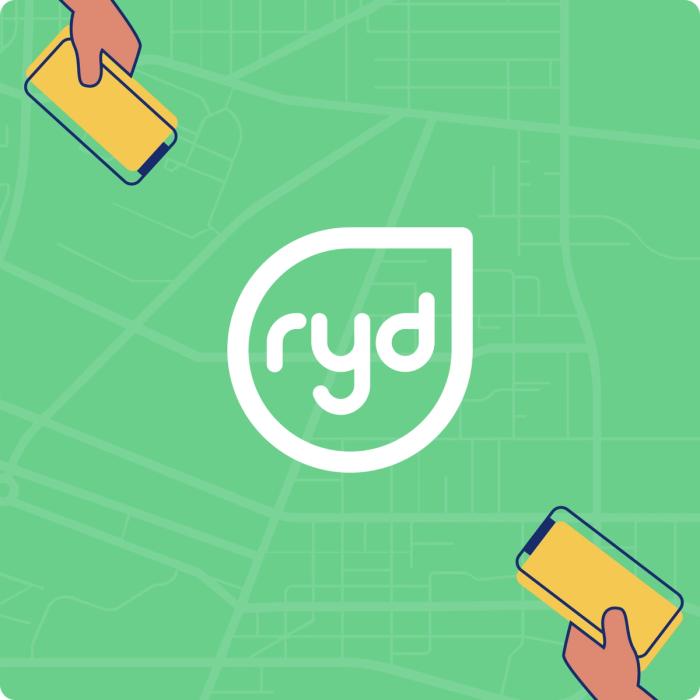 Ryd logo over a map with two hands holding phones in the top left and bottom right corners