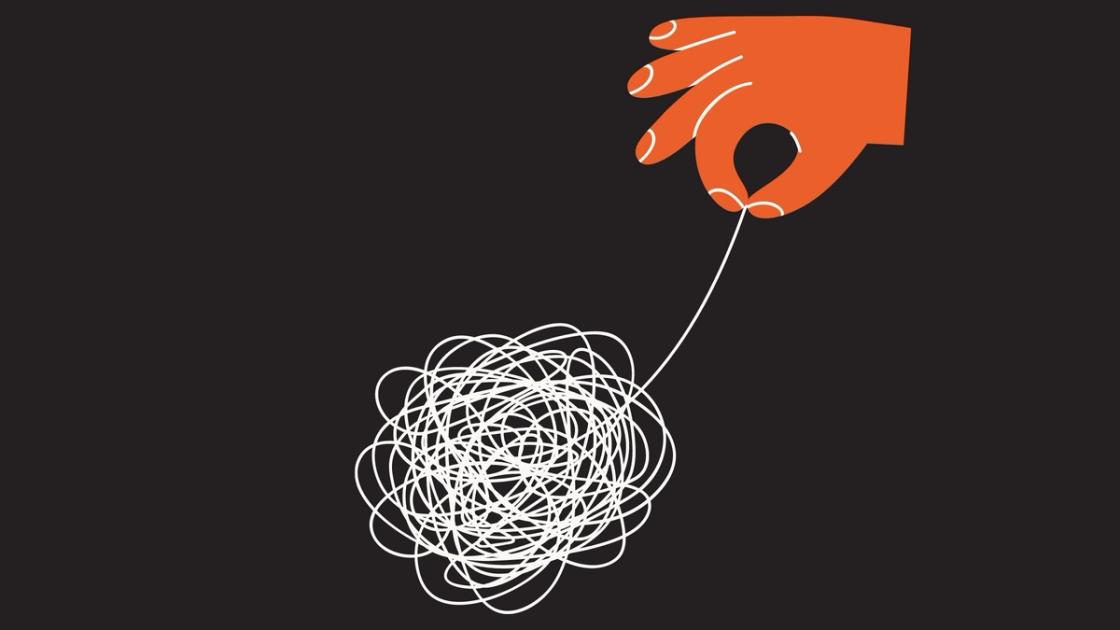 Illustration of hand pulling thread out of a jumble