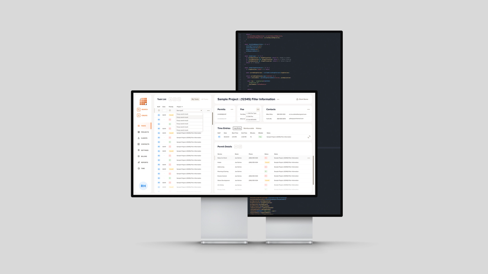 Two monitors, one displaying a webapp and the other displaying the code