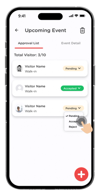 To approve your guest on the list tap on "Accept".