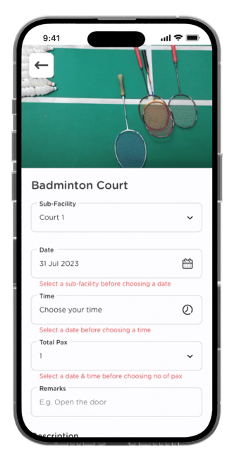 Select your booking date, time, total pax and remarks if available.