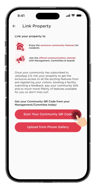 Follow the instructions on your phone, then click "Scan Your Community QR Code" when you have the property QR code with you.