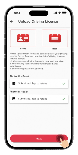 Once you have submitted the front and back of driving license, click "Next".