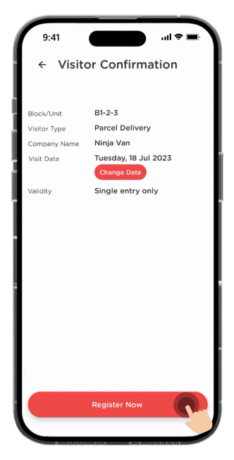 Click "Register Now" to proceed with the visitor registration.