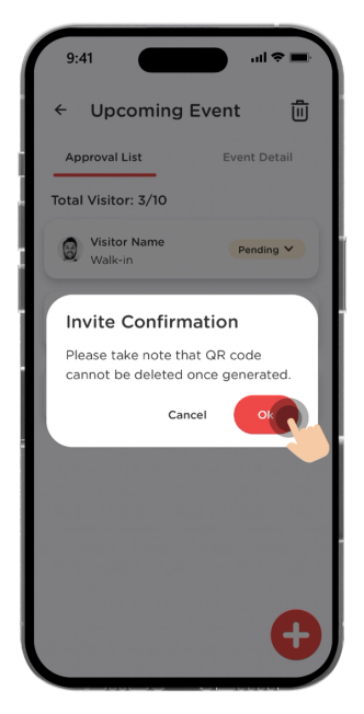 Press "Ok" to confirm and a QR code will be generated automatically to your guest via email.