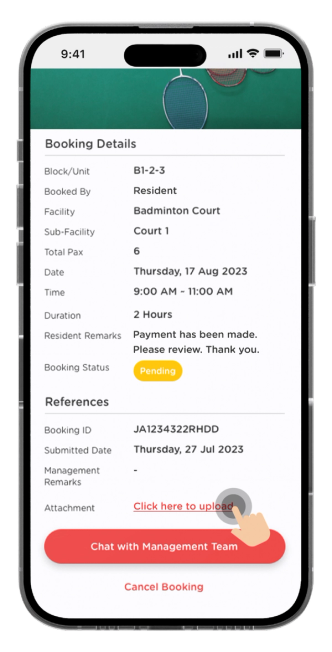 If your facility booking required payment, upload your payment proof in the details page.