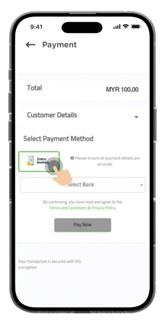 Select payment method and key in the payment details.