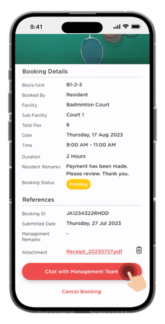 Click on "Chat With Management Team" if you face any issues with the booking.