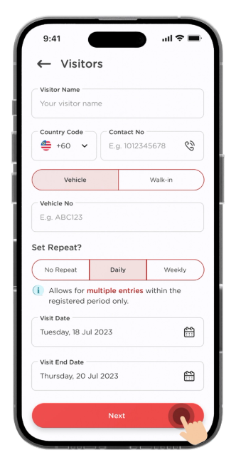 Insert the visit end date and press "Next" to confirm the visitor details.
