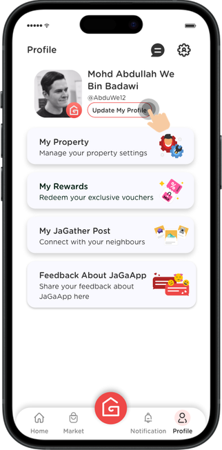 Click here to update profile details like JaGaApp Display Name and Mobile Phone.