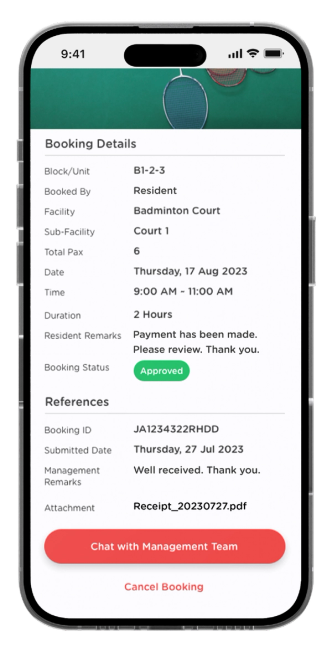 Once management has reviewed your booking details, the status will turn into "Approved".