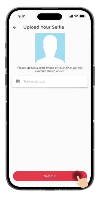 Click on "Take a picture" to upload your selfie photo. Once uploaded, click "Submit".