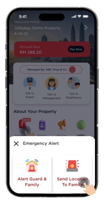 Click on "Send Location To Family" to trigger Emergency Alert.