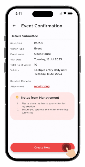 Confirm your event's details and click "Create Now".