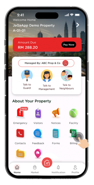 Tap on billing icon to view your outstanding invoices.