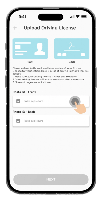 Upload both front and back of your driving license. Click on "Take a picture".