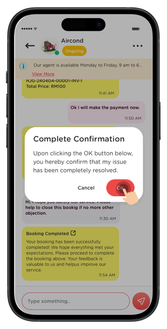 Tap on the "Ok" button to confirm that your booking has been completed by the service provider.