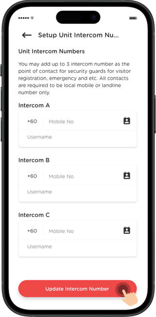 Enter unit intercom contact numbers and name, then click "Update Intercom Number".