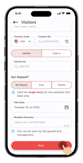 Enter your visitor's details. Click "Next" to confirm the visitor details.