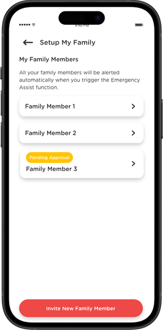 Family member added with "Pending Approval" status. Management approval enables access.