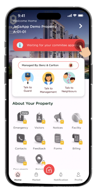 Your homepage will now display "Waiting for your Management Office Approval". You will receive in-app notifications once your management approves your request!