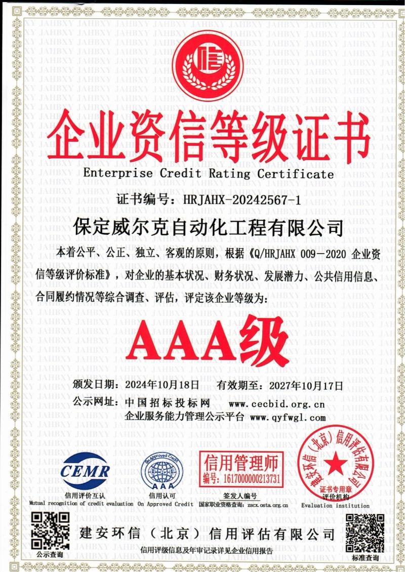 WELK AAA enterprise credit certificate