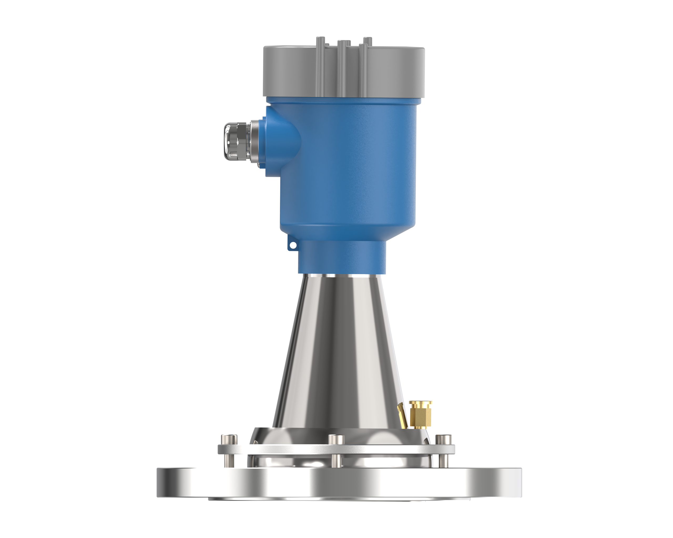 Radar level meter with horn antenna and flange