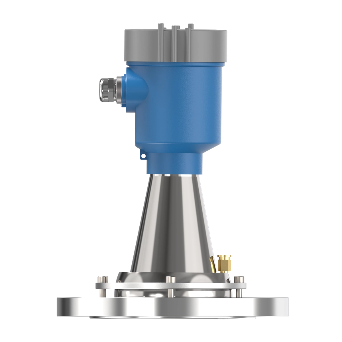 Radar level meter with horn antenna and flange