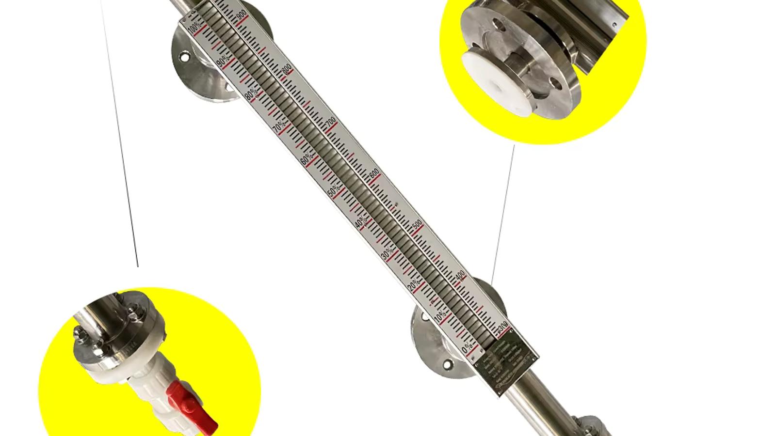 Cutaway view of a magnetic level gauge mounted on a storage tank, showing a float with internal magnets rising inside the chamber and bi-colour indicator flags flipping as the liquid level changes