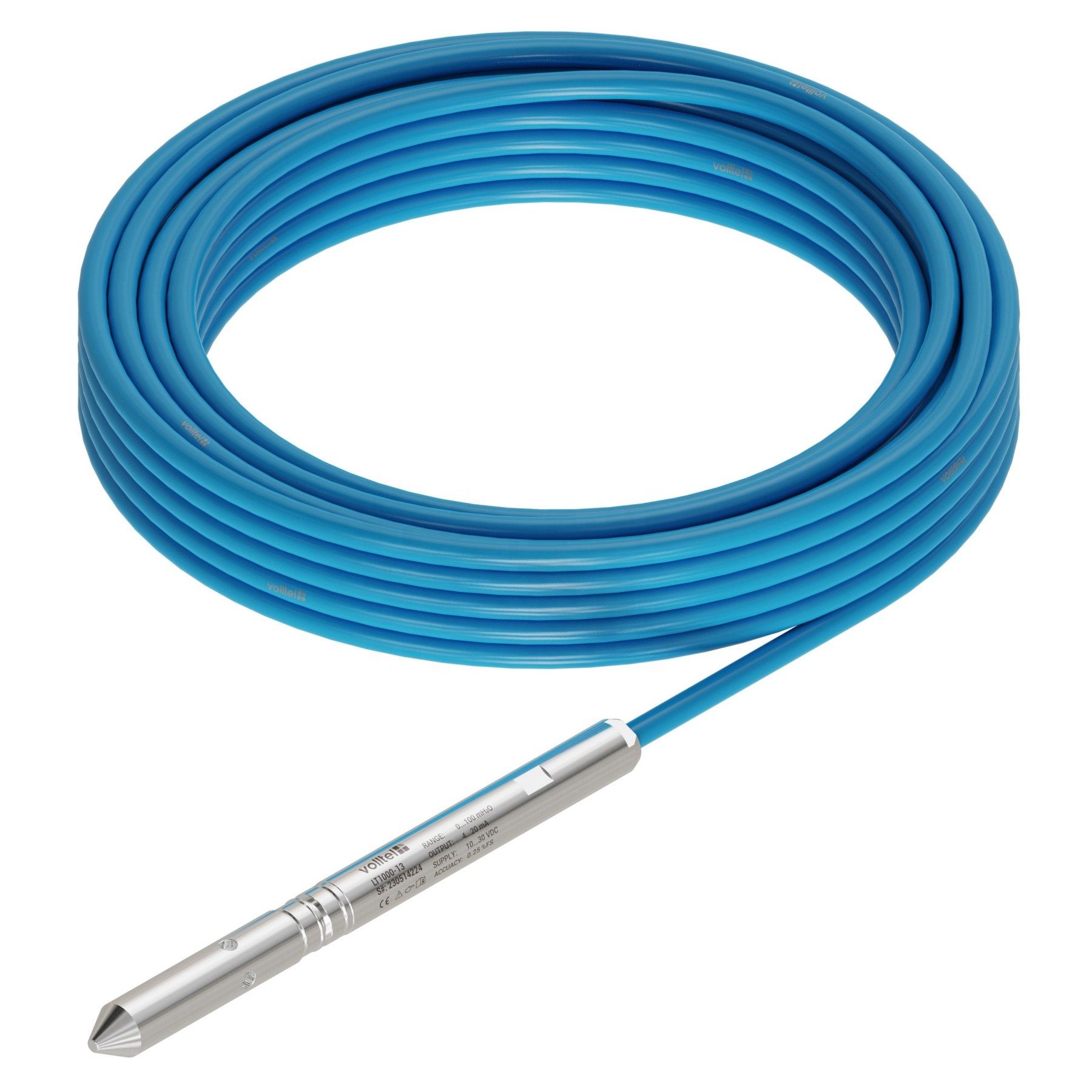 Small diameter borehole level transmitter with blue cable