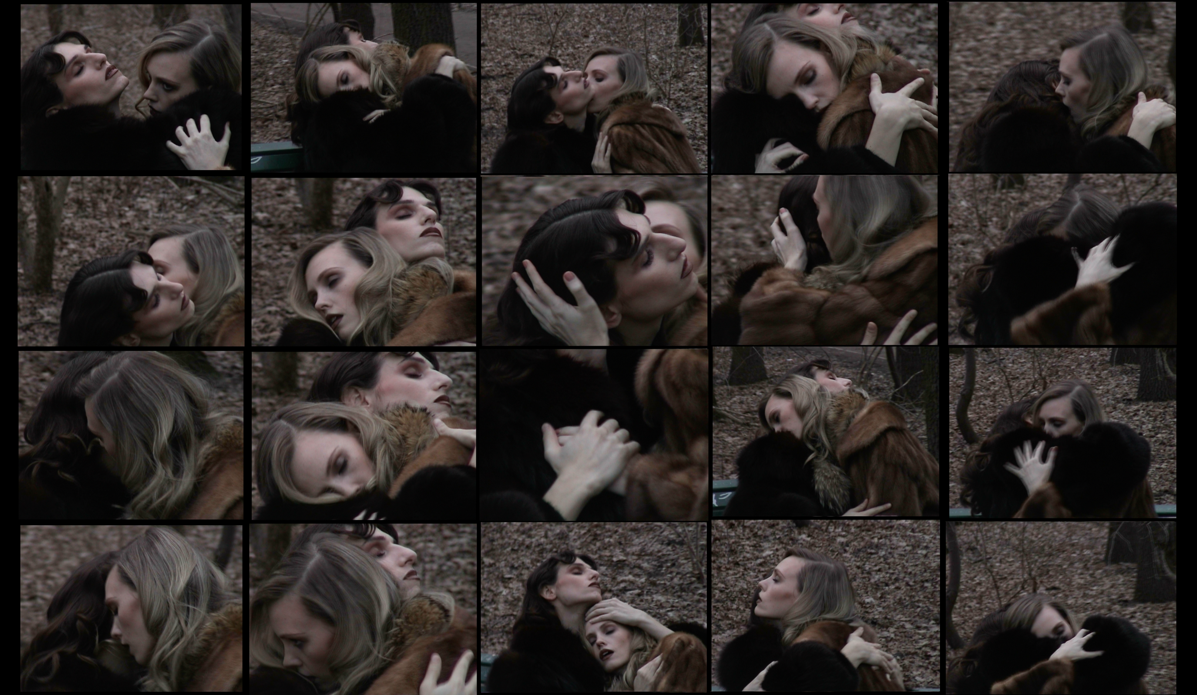 Alt Text: Sequence of close-up frames showing two women in fur coats embracing, their faces brushing and intertwining amid winter branches. SEO Caption: Josephine Meng for King Kong Magazine — cinematic intimacy and tactile emotion through repeated film stills.