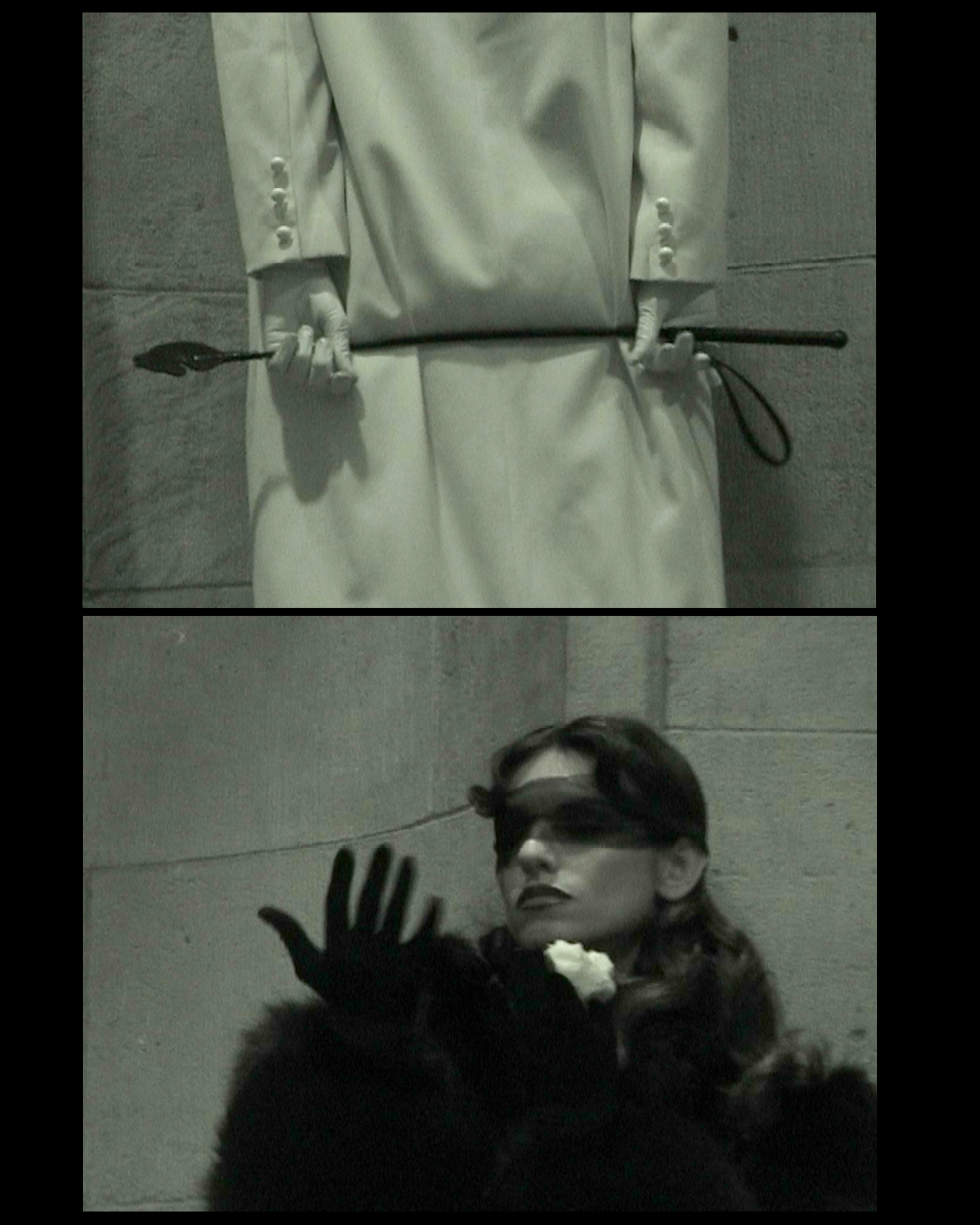 Alt Text: Close-up of a gloved hand gripping a riding crop paired with a second image of a woman in a black fur coat wearing a sheer veil over her eyes. SEO Caption: King Kong Magazine editorial — fetishistic restraint and veiled portraiture by Josephine Meng.