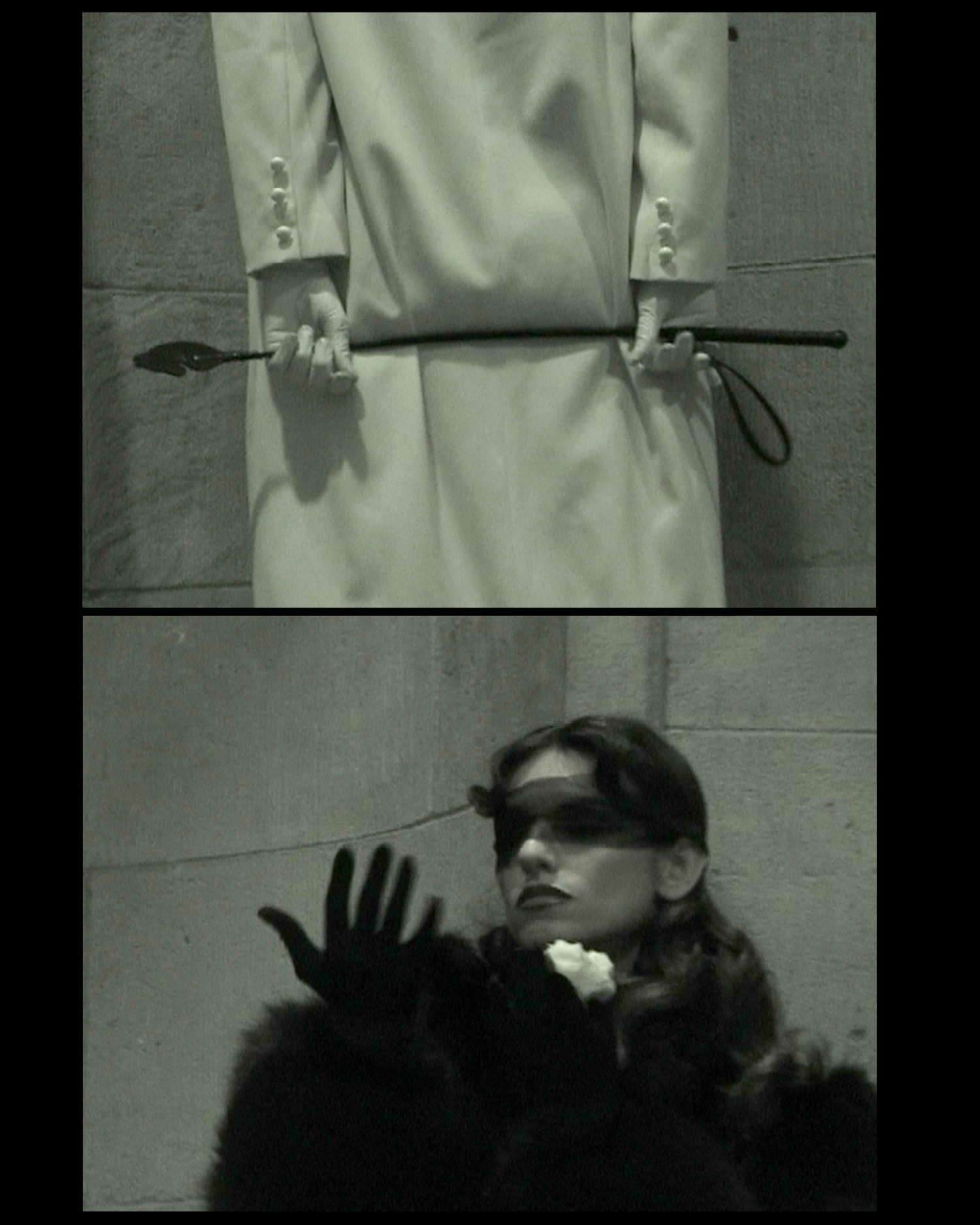 Alt Text: Close-up of a gloved hand gripping a riding crop paired with a second image of a woman in a black fur coat wearing a sheer veil over her eyes. SEO Caption: King Kong Magazine editorial — fetishistic restraint and veiled portraiture by Josephine Meng.