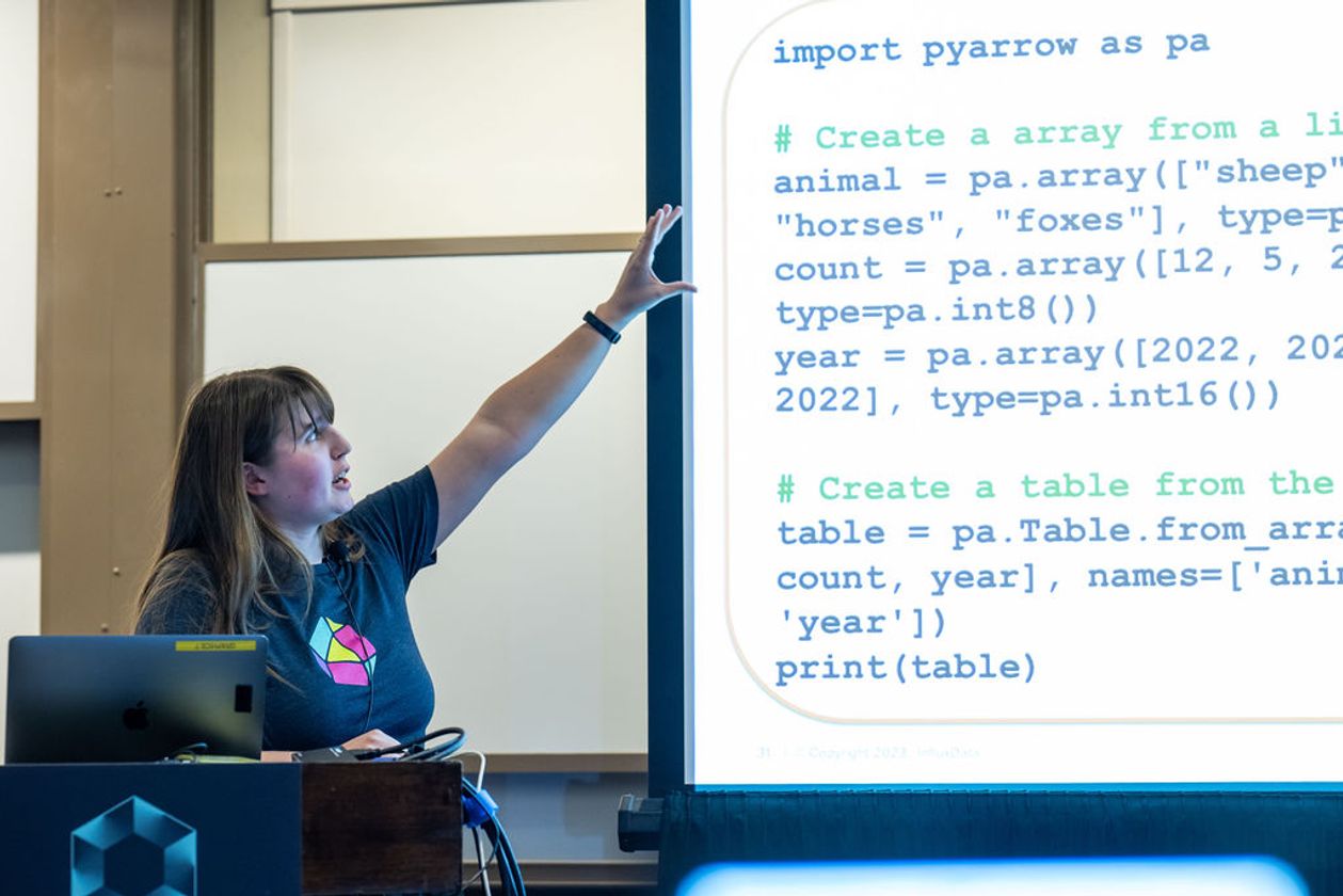 Women speaker presenting code