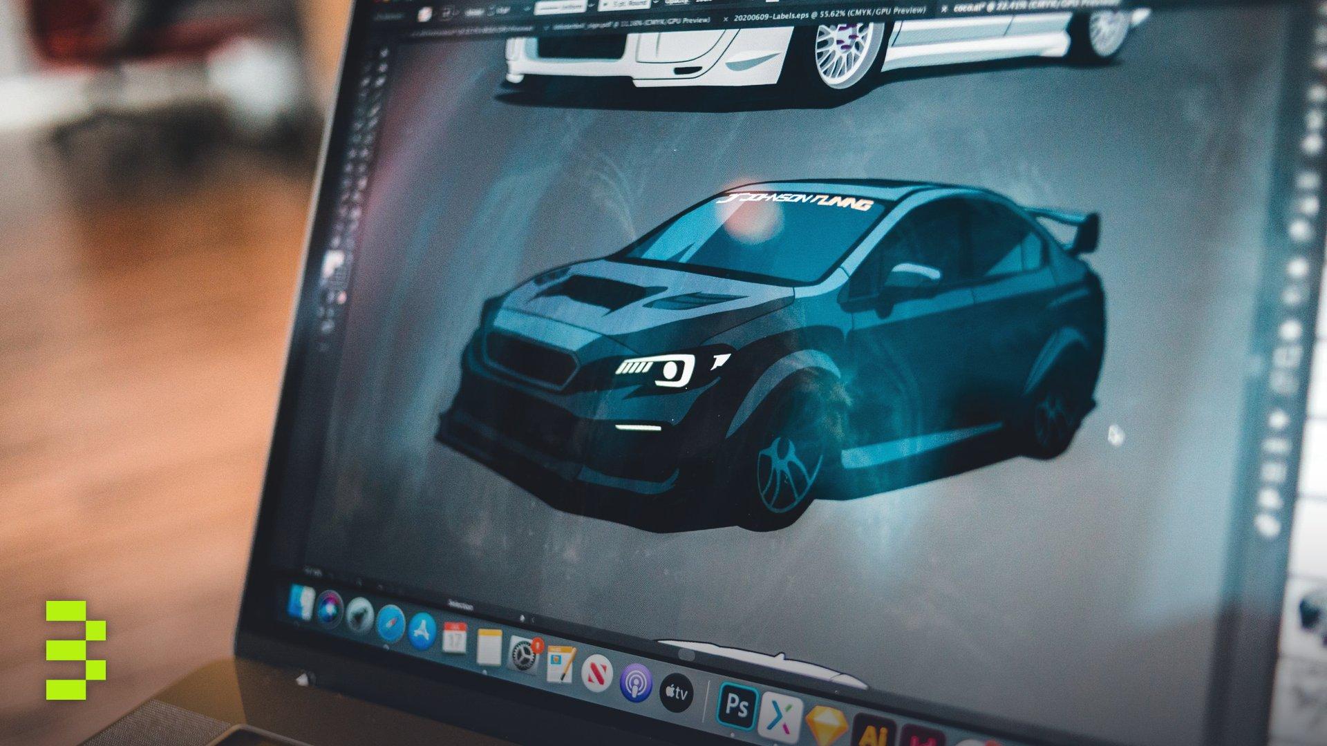 A digital illustration of a car on a laptop screen.