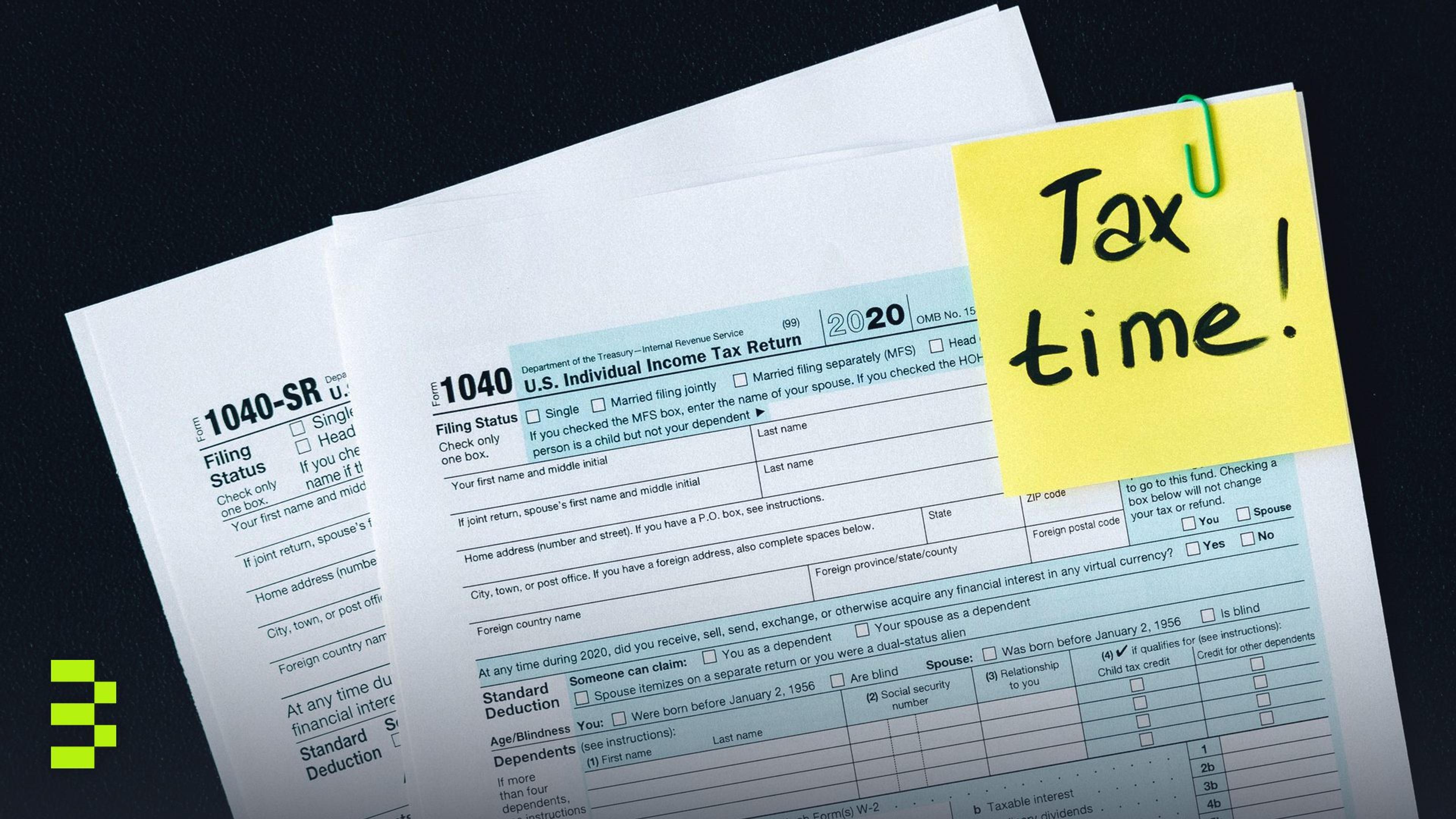 U.S. tax documents with a 'Tax time!' reminder.