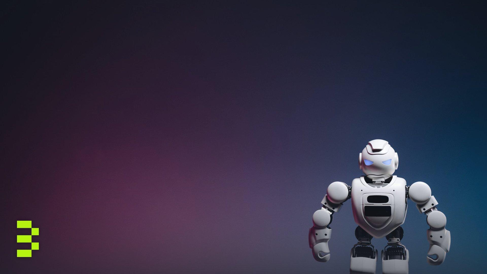 A sleek modern robot toy standing against a colorful gradient backdrop.