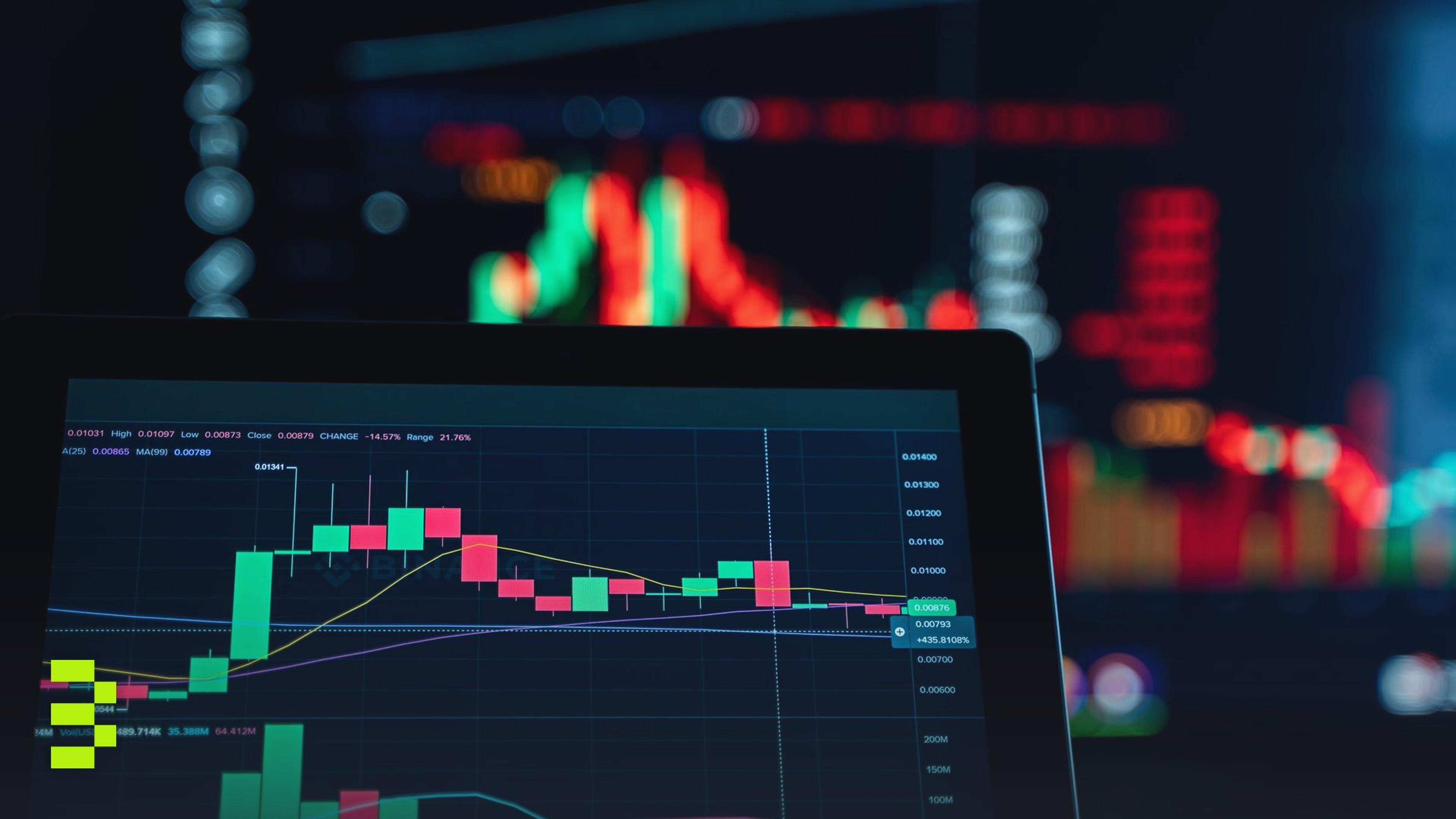 Close-up view of digital trading chart screen with vibrant graphs and data analysis.