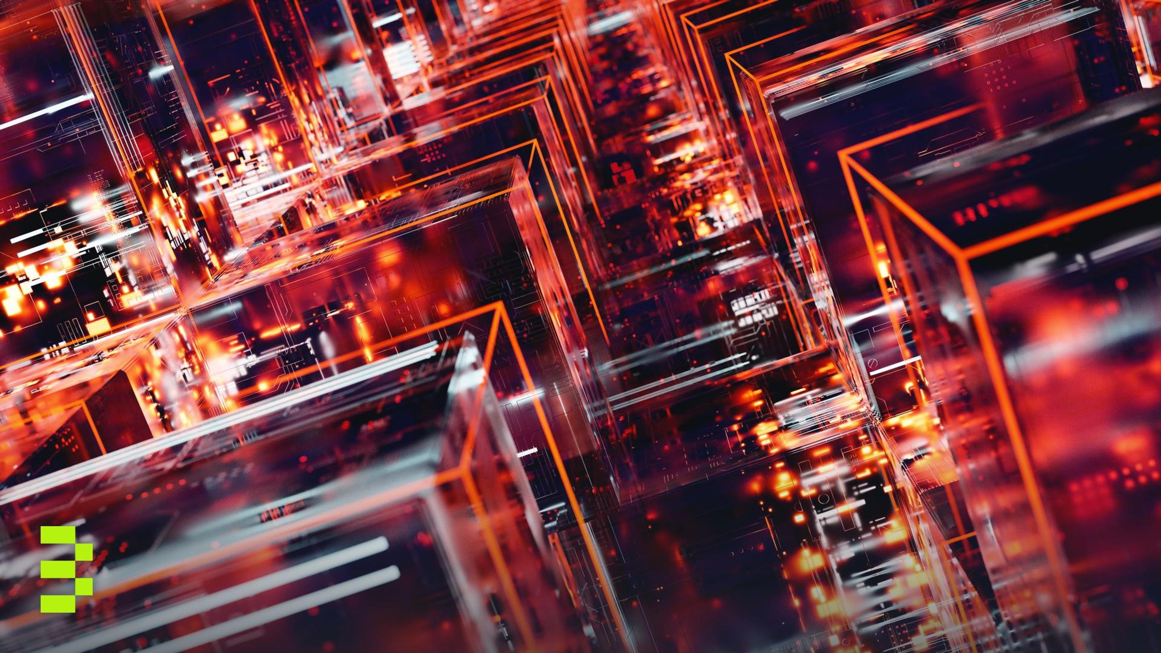 Abstract digital blocks lit by red and blue LED light