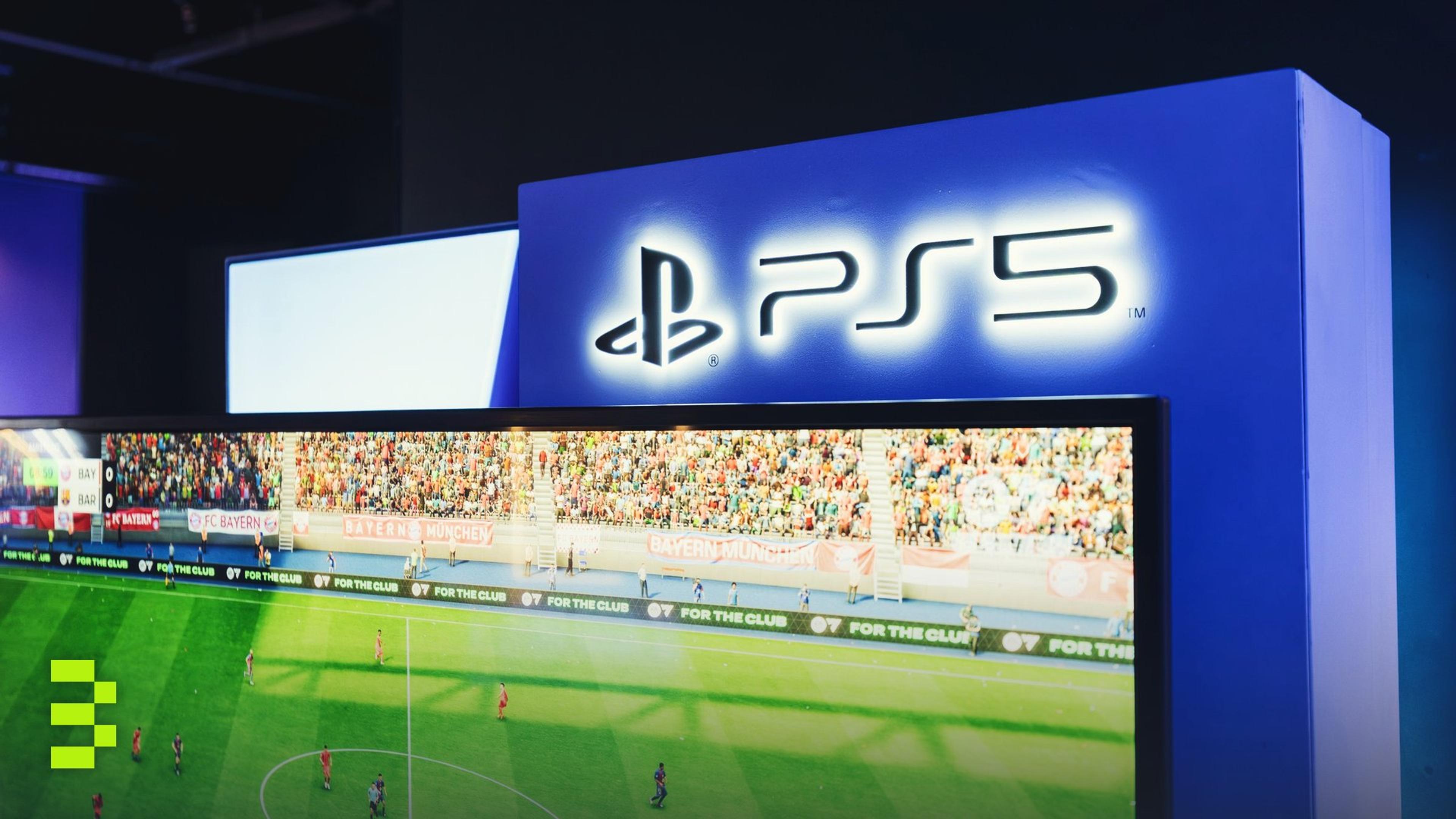 PS5 gaming station featuring a live soccer match onscreen.