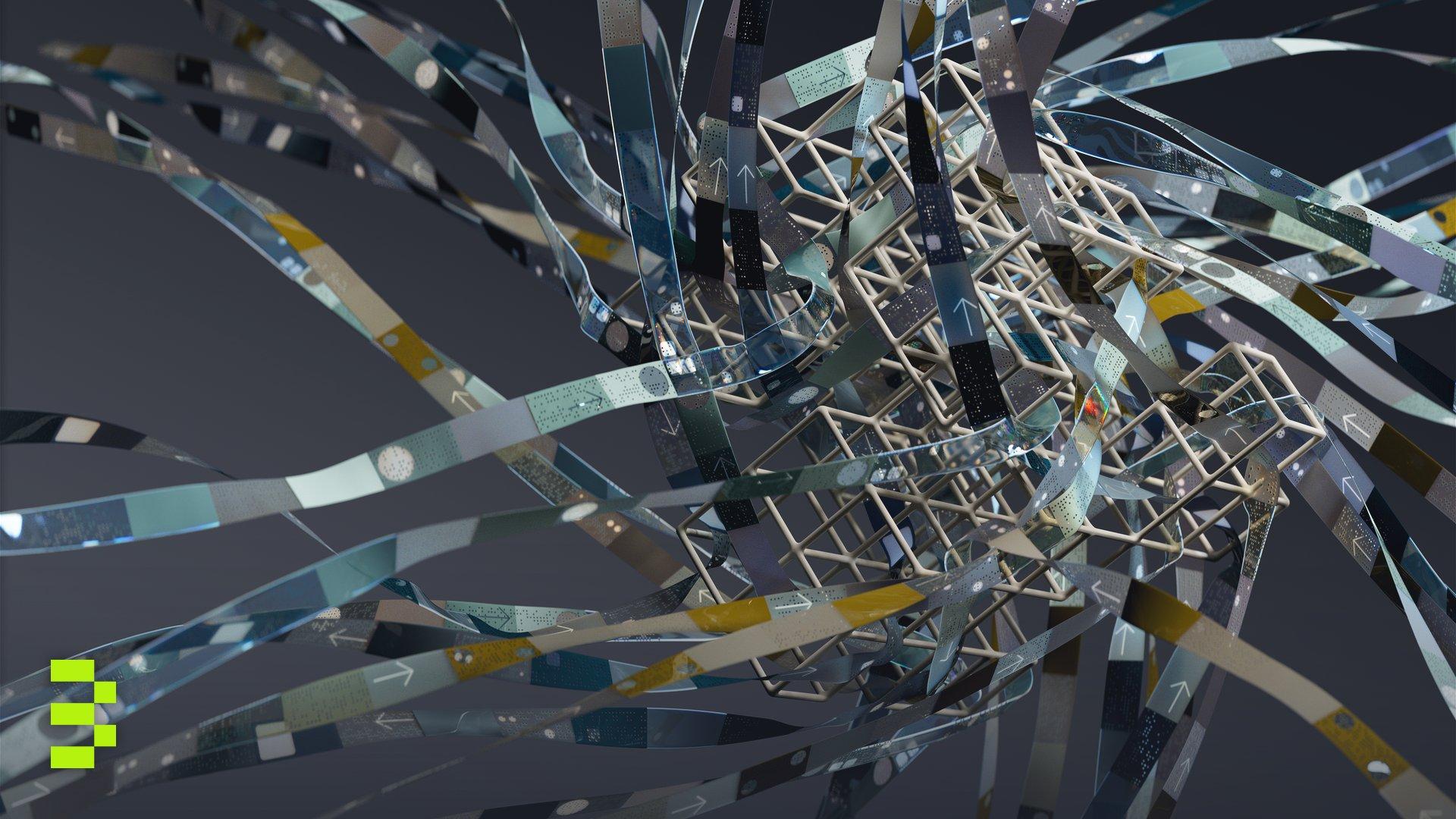 Intricate wireframe with dynamic ribbons in an abstract 3D composition.