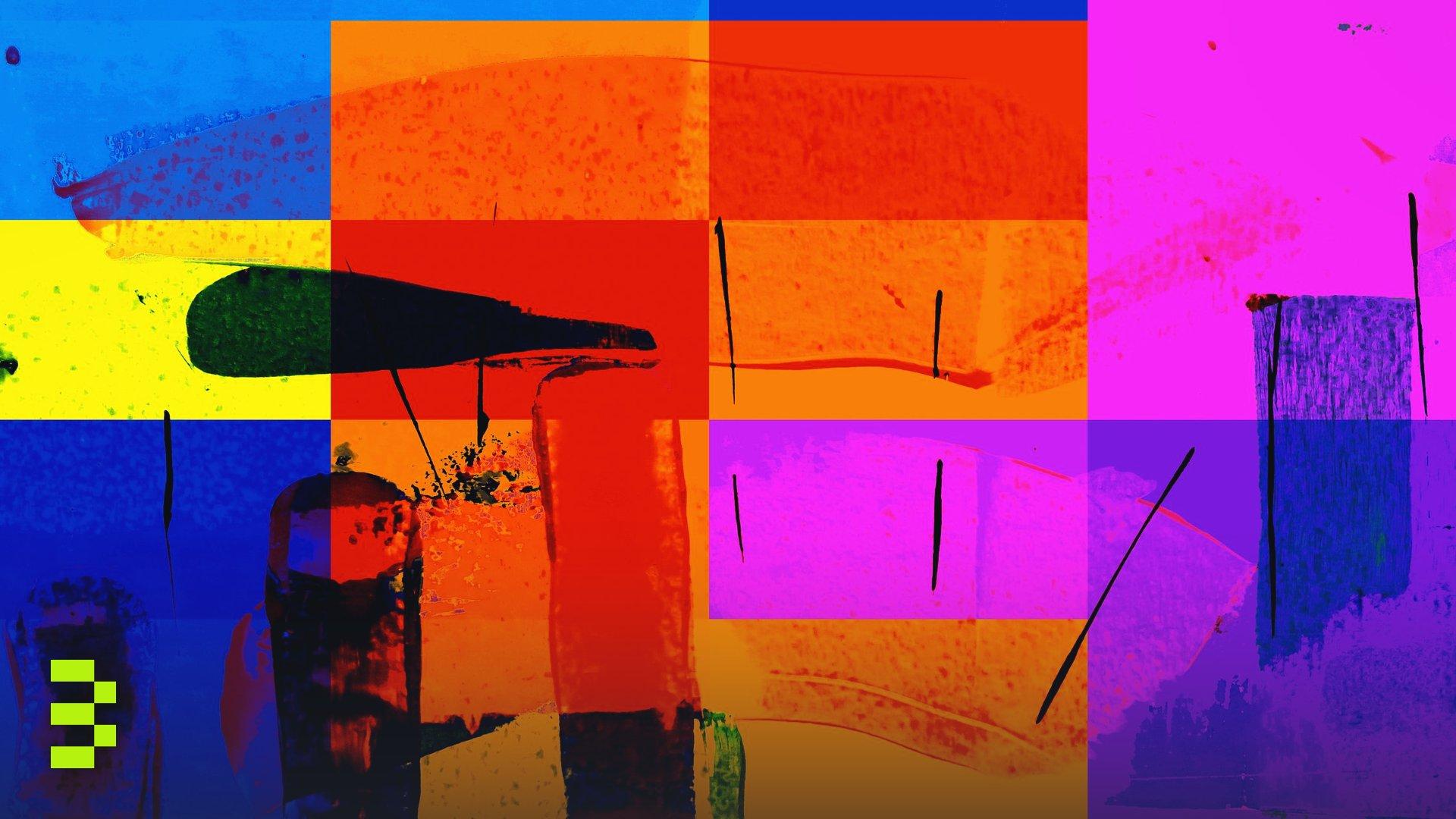 A dynamic abstract artwork featuring vivid colors and geometric patterns.
