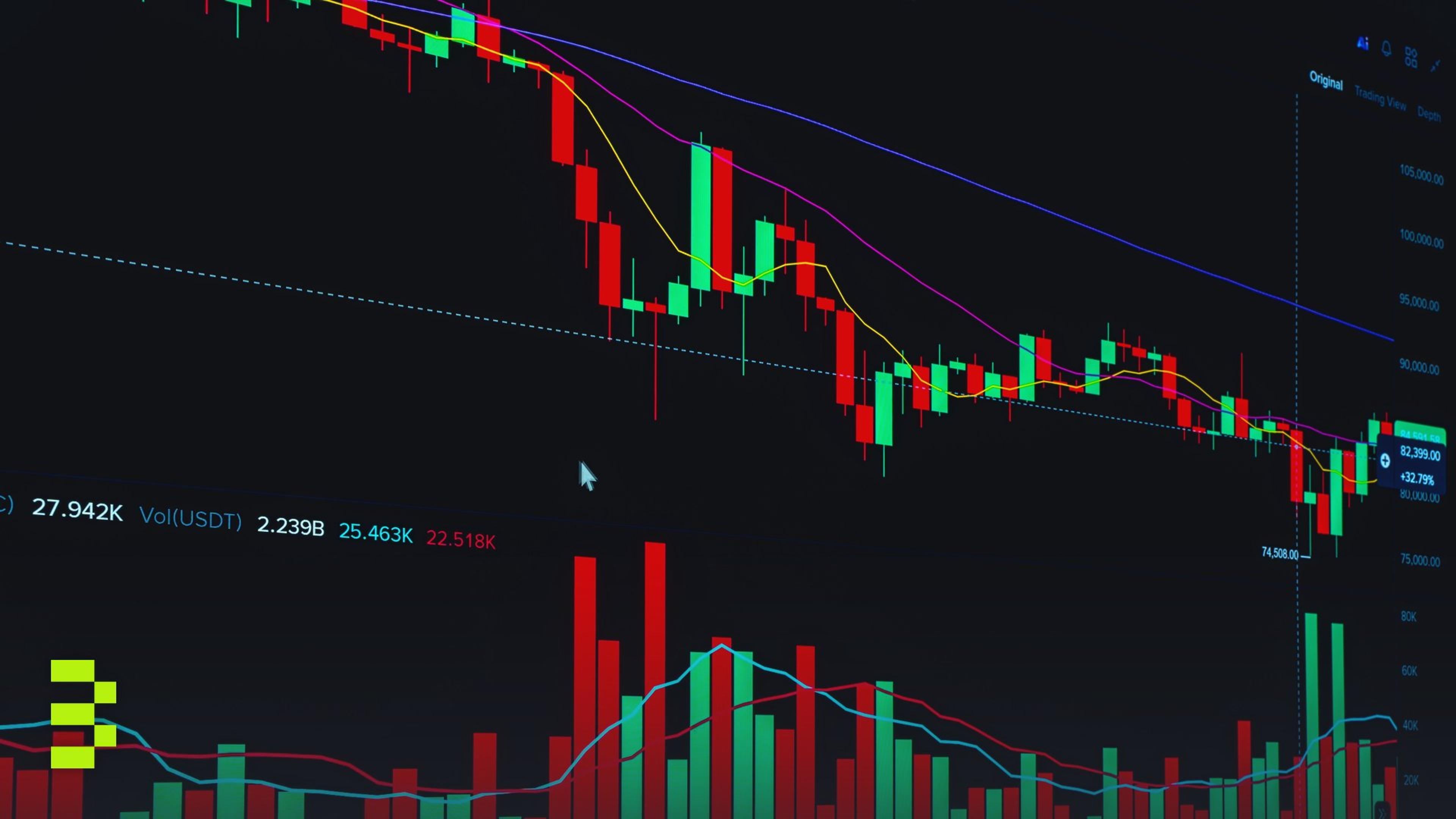 Digital candlestick chart showing cryptocurrency market trends.