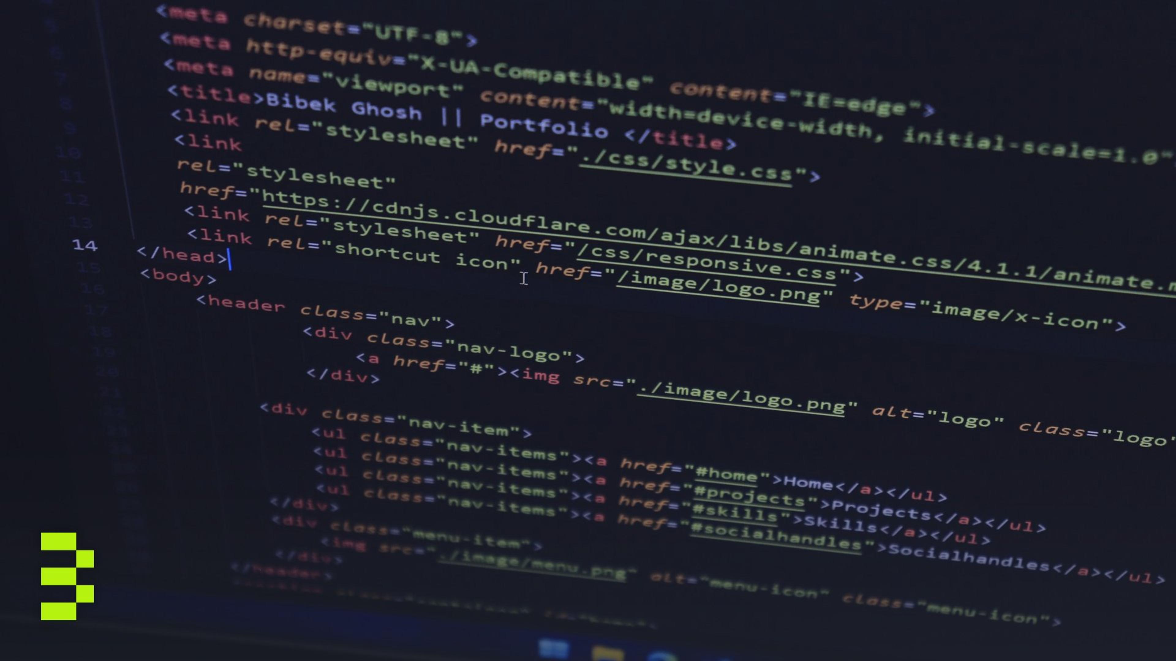 High-resolution close-up of HTML code displayed on a computer screen.