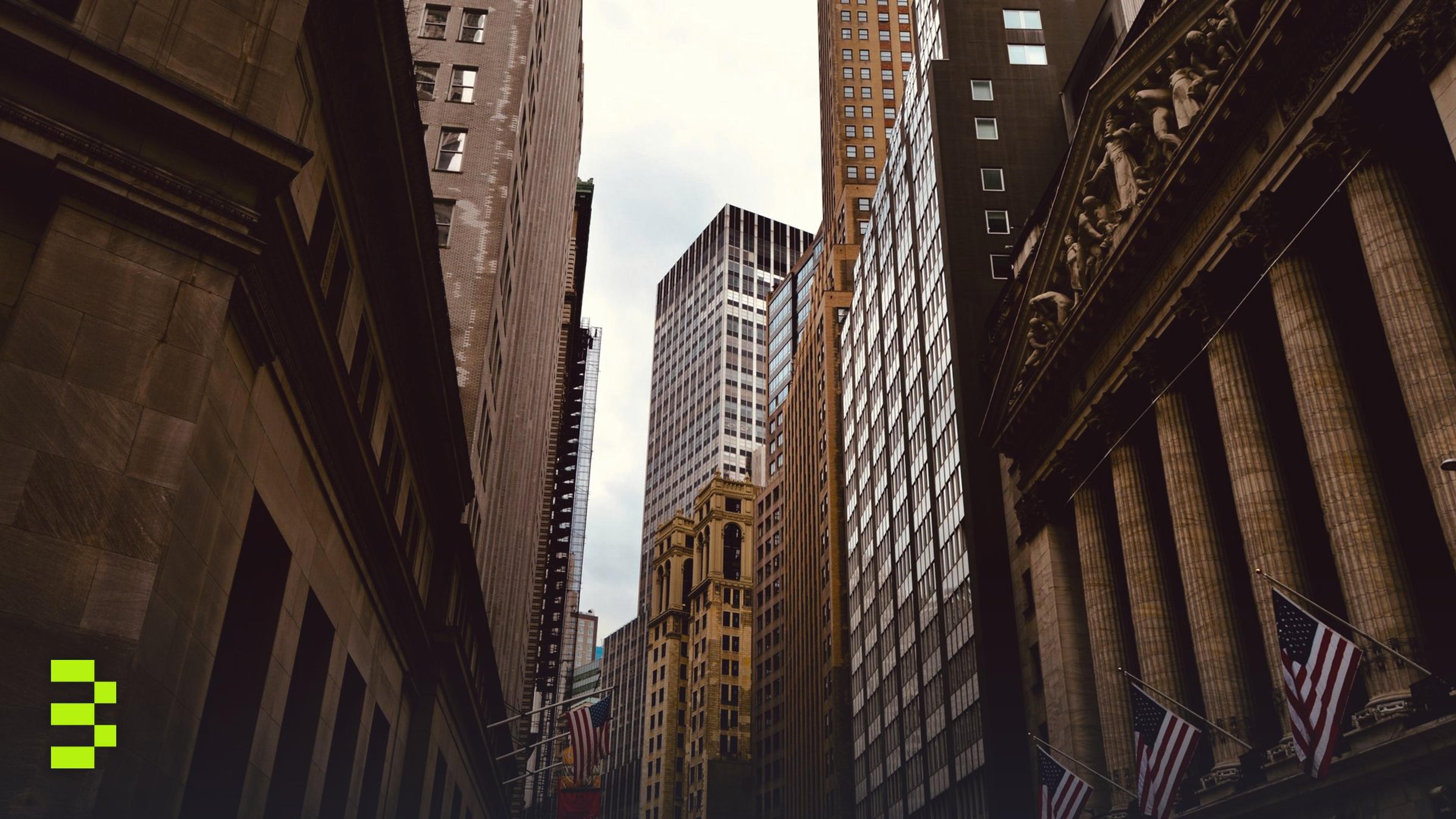 Wall Street buildings and American flags in New York City